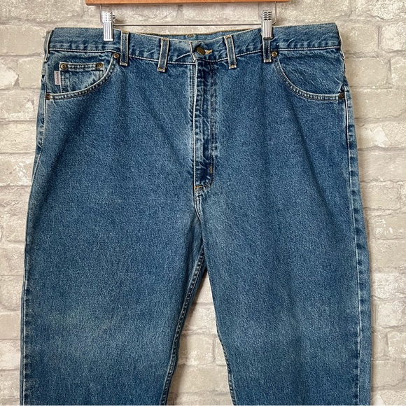 Carhartt Men's 42x32 Blue Jeans. Rigid Cotton. Leather Logo Patch On Back. Basic - Picture 4 of 9